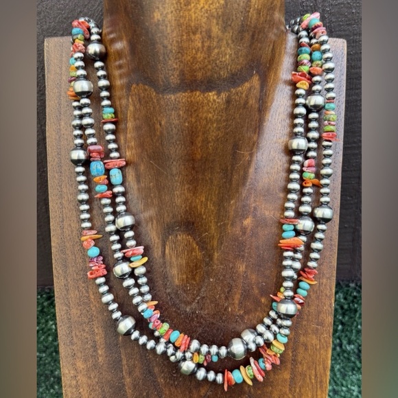 Sterling Silver Multi Strand Stone Spiny Turquoise Pearls Bead Necklace. 20 inch - Picture 1 of 12